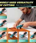 Cordless Electric Cardboard Cutter Scissors With 3000 Mh Battery cutting various materials like cardboard, paper, and leather.