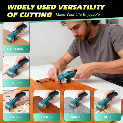 Cordless Electric Cardboard Cutter Scissors With 3000 Mh Battery cutting various materials like cardboard, paper, and leather.