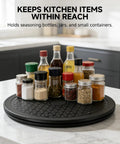 Bulk 6 Pack Of Slick 12 Inch Black Lazy Susan Turntables For Pantry Cabinet Organization featuring smooth 360 spin with various seasoning containers.