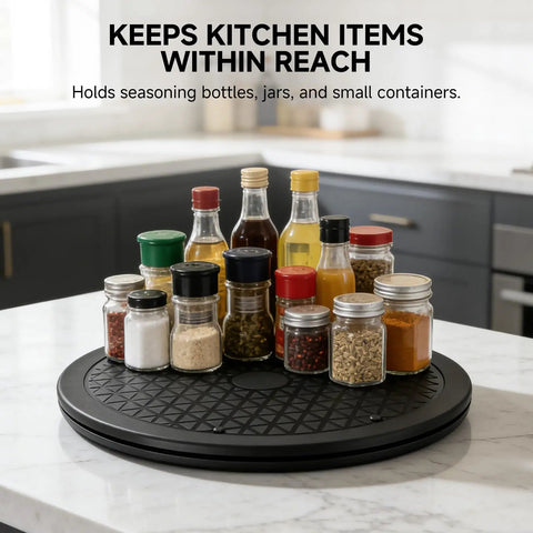 Bulk 6 Pack Of Slick 12 Inch Black Lazy Susan Turntables For Pantry Cabinet Organization featuring smooth 360 spin with various seasoning containers.