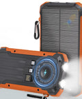 Portable Solar Charger And Power Bank With Wireless Fast Charging, 20000mAh Battery Pack, USB-C Input, Orange, dual LED flashlight