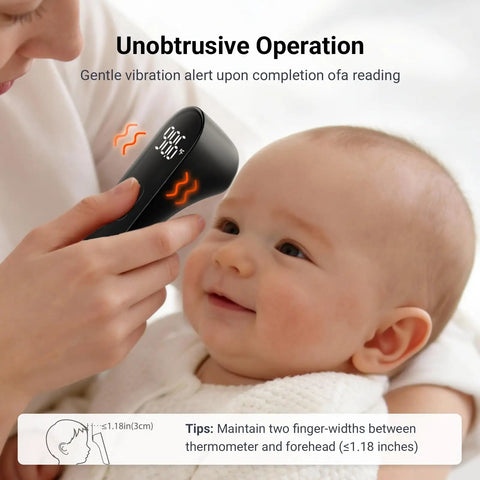 No Touch Forehead Thermometer For Adults Kids And Babies Infrared Temperature Checker With Non Contact Sensing And 1.18 Inch Range For Quick Accurate Readings PT3 Black, black thermometer near baby's forehead