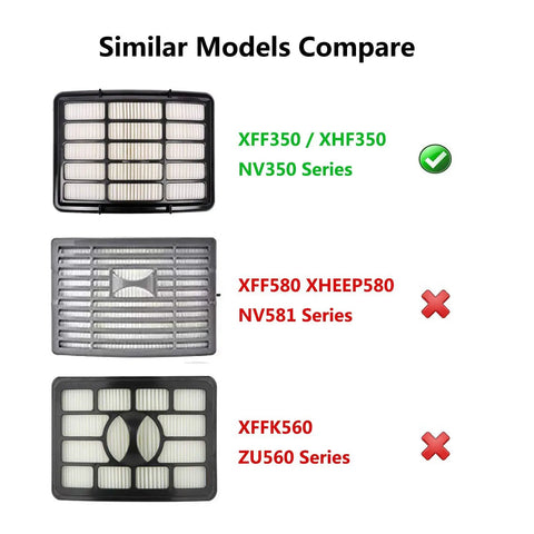 Comparison of Replacement Vacuum Filter Set For Navigator Lift Away Models NV360 NV350 NV351 NV352 NV355 NV356E NV357 NV370 NV391 UV440 UV490 UV540 XFF350 XHF350 Featuring Two Foam Filters Two Felt Filters And One HEPA Filter with similar models highlighting compatibility