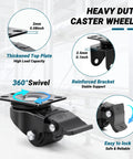 Diagram of low profile 30mm plate casters with 360 swivel, beefy heavy-duty nylon wheels 1100 lbs capacity anti-wear with 4 brakes.