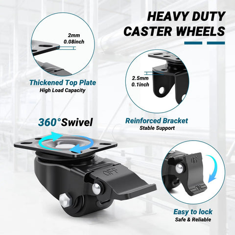 Diagram of low profile 30mm plate casters with 360 swivel, beefy heavy-duty nylon wheels 1100 lbs capacity anti-wear with 4 brakes.