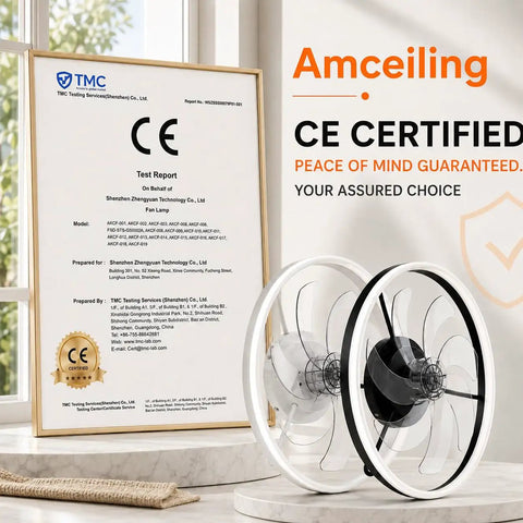 Sleek 20 Inch Flush Mount Ceiling Fan With Integrated Ambient Lighting And Smartphone App Controls Offering Six Gentle Airspeeds Reversible Motor And Foolproof Hook Up For Awesome Living Room Vibes displayed next to CE certification.