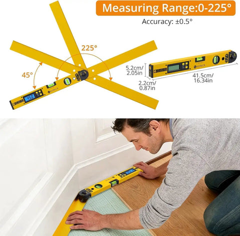 Top Shelf Heavy Duty Aluminum Digital Angle Finder With Integrated Laser Projection And Hella Precise Protractor Gauge For Dead On Bench Measurements And Diy Builds shown measuring angles on flooring.