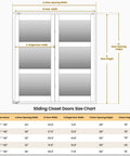 Sliding closet doors size chart with dimensions for 24x80 to 36x80 openings and layout for bifold doors.