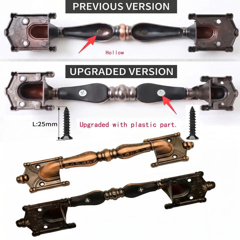 Comparison of previous and upgraded versions of 2 Pack 9.25 Inch Red Bronze Barn Door Handles, Heavy Duty Pulls For Sliding Doors, Cabinets, Closets, And Kitchen Furniture Hardware, Upgraded Bottom For Comfortable Grip And Enhanced Durability.