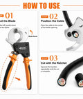 Heavy Duty Ratchet Cable Cutter For Copper And Aluminum 600 MCM Electrical Wire Tool shown in usage steps for cutting cables.