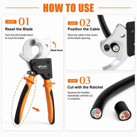 Heavy Duty Ratchet Cable Cutter For Copper And Aluminum 600 MCM Electrical Wire Tool shown in usage steps for cutting cables.