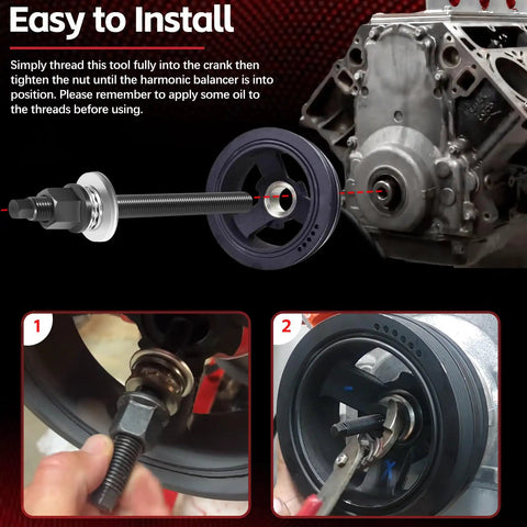 Harmonic Balancer Installation Tool For GM LS Series V8 Engines With Thrust Bearing And Wrench Flats Crank Pulley Installer Fits Camaro Corvette GTO G8 LS Truck 1997 Onward usage demonstration with step-by-step installation visuals.