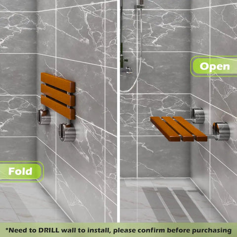 Teak Folding Shower Seat Wall Mounted 20 Inch Fold Down Bench Built To Last Waterproof Bathroom Shower Chair in open and folded positions.