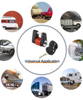 Heavy Duty Trailer Coupler Lock Featuring A Rust Proof Steel Build And One Quarter Inch Diameter Shank That Slips Right Onto Latch Hitches To Keep Your Rig Boat Or Camper Secure On Any Trip, shown with keys and various vehicle contexts.