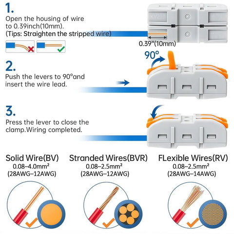 Diagram showing usage of All Purpose Quick Lever Wire Connectors Kit 24 To 12 AWG Assortment for electrical wiring.