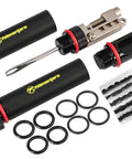 Compact Bar End Bicycle Tool Kit With Chain Tool Spoke Wrench Tire Plugs Hex Torx And Phillips Bits displayed with components