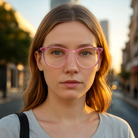 Woman wearing pink frames from Two Pack Anti Fog Safety Glasses Goggles Set With Blue Light Blocking And UV Protection Dust Proof Protective Eyewear