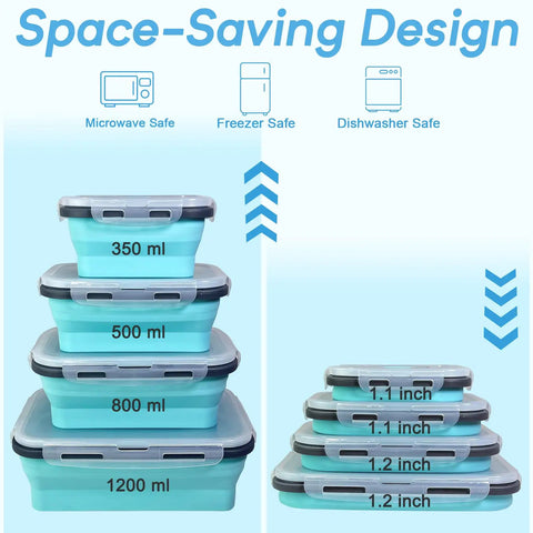 4 Pack Space Saving Collapsible Food Storage Containers With Lids For Small Kitchens and On The Go Living Includes 12 oz 17 oz 27 oz and 4 Cup Sizes Folds Down To One Third Height Airtight Lids For Easy Meal Prep showing stacked and collapsed sizes