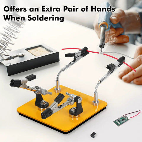 Helping Hands Soldering Station with 3.9x3.9 inch base and four flexible arms holding cable for precision soldering