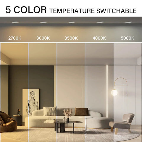 5 color temperature switchable display for 20 Pack 6 Inch LED Disk Light With Dope 5CCT Switchable Color Temperature 2700K To 5000K Dimmable Surface Mount Low Profile Recessed Retrofit Ceiling Fixture For J Box 120V 15W 920 Lumens Wet Location ETL