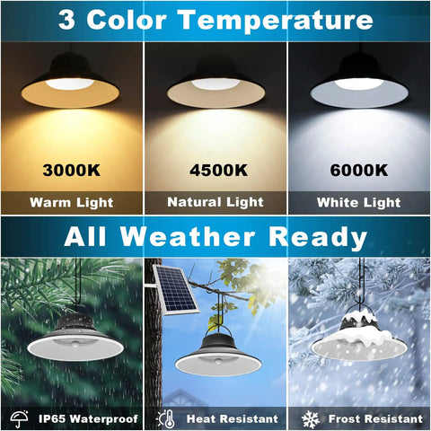 Solar Pendant Light With Motion Sensor And Remote Outdoor Indoor Dimmable LED 3000K 4500K 6000K Color Temperature 4 Lighting Modes IP65 Waterproof 2 Pack With 16.4 Ft Cables Each Ideal For Shed Barn Patio Gazebo, showing three color temperatures.