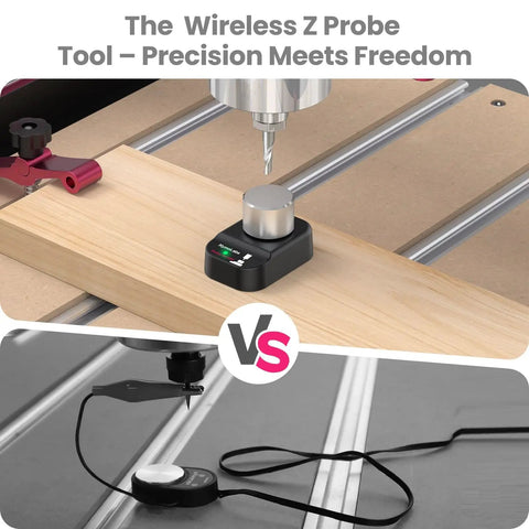 Top image showing Pro Grade Wireless Z Axis Probe Tool Setter on CNC router versus wired probe below.