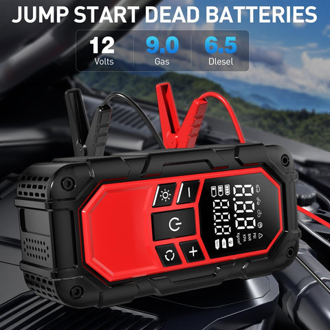 Grab-And-Go All-In-One Jump Starter With Air Compressor and Tire Inflator on car engine, LCD display visible