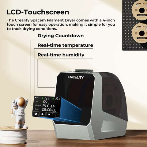 Dual Spool Filament Dryer Box For 3D Printing Space Pi Dryer Plus with LCD touchscreen and real-time drying info display.