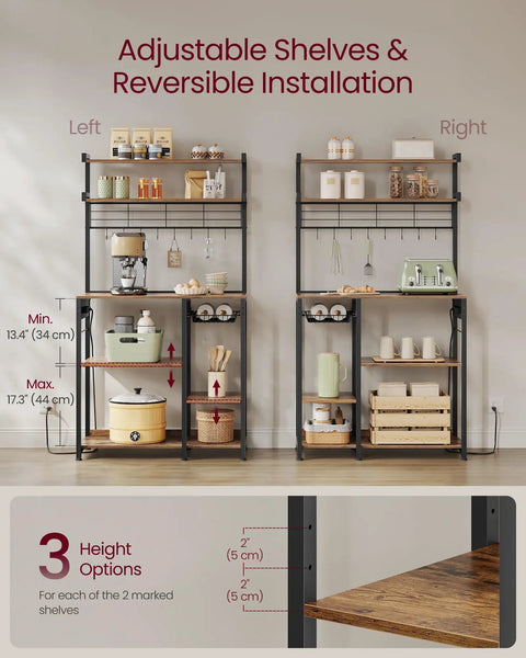 Top Tier Metal Baker Rack With Microwave Stand Rock Solid Kitchen Storage Shelf Featuring Eight Heavy Duty Hooks And A Roomy Wire Basket Super Convenient For Everyday Cooking And Coffee Bars