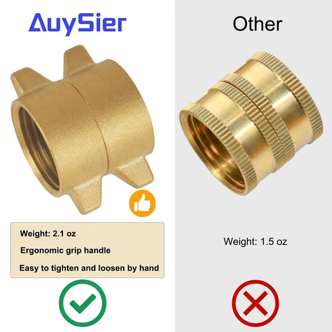Two Pack Garden Hose Female To Female Adapters With Dual Swivel Brass Three Quarter Inch GHT Connectors For Male Hoses, Heavy Duty Hose Couplers With Extra Washers, No Fuss Quick Connect, Built To Last; brass hose adapter comparison