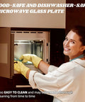 Person placing 9.6 Inch Microwave Glass Plate Replacement Fits Galanz Farberware 9.6 Inch Turntable Tray into microwave