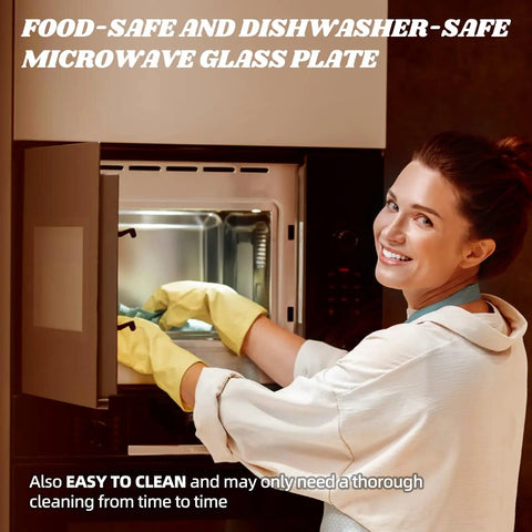 Person placing 9.6 Inch Microwave Glass Plate Replacement Fits Galanz Farberware 9.6 Inch Turntable Tray into microwave