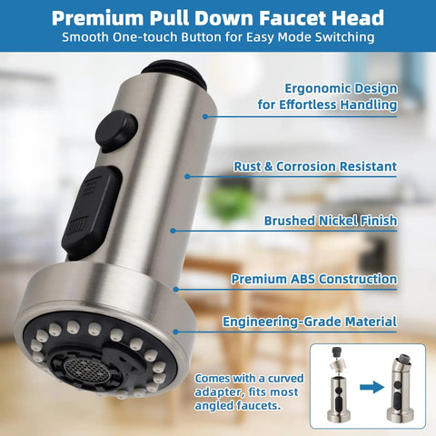 NSF ANSI CAN 61 CUPC Certified Pull Down Kitchen Faucet Head Replacement with 3 Function Sprayer and 15 Adapters, brushed nickel