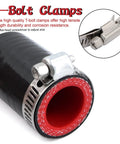 T-bolt clamp attached to a heavy-duty silicone hose with red interior, showcasing high tensile strength and corrosion resistance.