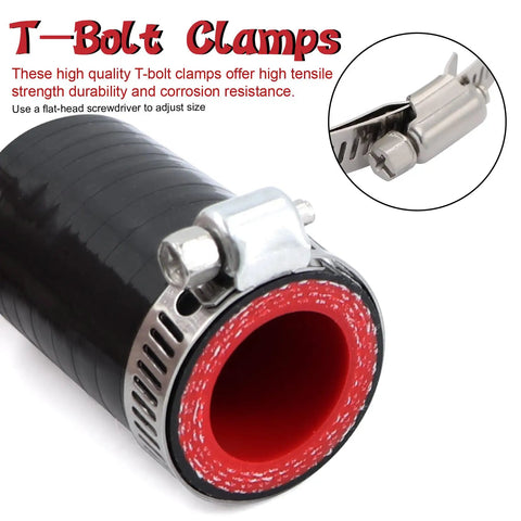 T-bolt clamp attached to a heavy-duty silicone hose with red interior, showcasing high tensile strength and corrosion resistance.