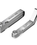 Two-piece stainless steel feeler gauge set with 32 and 16 blades, folding blades with laser-etched labels