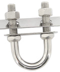 Front view of stainless steel bow stern eye U-bolt with nuts and washers on mounting plate; 1/2 in stock, 4-1/4 in length.