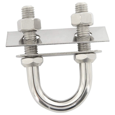 Front view of stainless steel bow stern eye U-bolt with nuts and washers on mounting plate; 1/2 in stock, 4-1/4 in length.