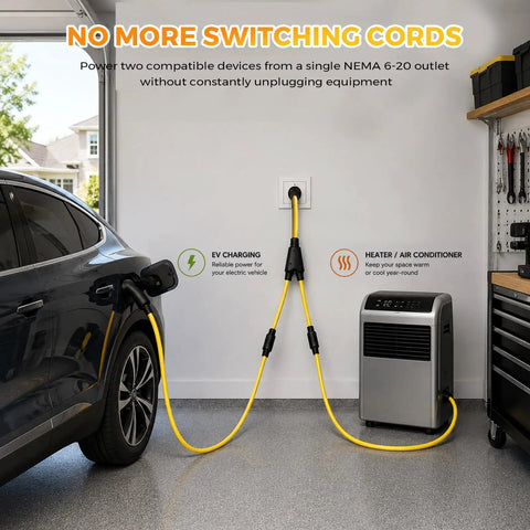Heavy Gauge Three Foot Y Splitter Converts One NEMA 6-20 Male Plug Into Two Ready To Go Female Outlets for EV and AC.