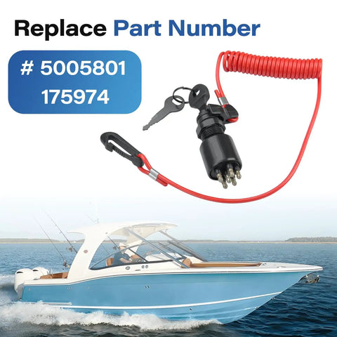 Boat Ignition Key Switch With Safety Lanyard For Johnson Evinrude OMC Outboard Motors 40 200HP Replacement showing part numbers