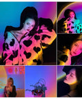 Collage of vibrant sunset lamp projector with remote, casting 13 color multicolor night light on people and objects in a bedroom.