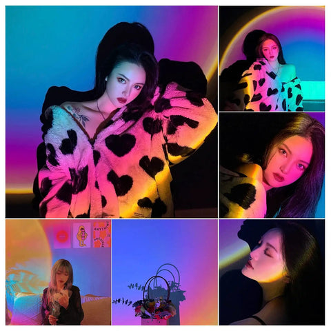 Collage of vibrant sunset lamp projector with remote, casting 13 color multicolor night light on people and objects in a bedroom.