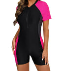 Womens Boyleg One Piece Rash Guard With Built In Bra And Zip Front UPF 50 Plus Short Sleeve Surfing Swimsuit Neon Pink Black Gray