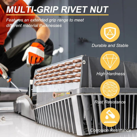 Heavy Duty Multi Grip Rivet Nuts With Pre Bulbed Shank And Flat Head Design Crafted From Zinc Plated Carbon Steel For Superior Rust Resistance And Tough As Nails Durability That Garage Crews Trust For Fast And Secure Metal Assembly