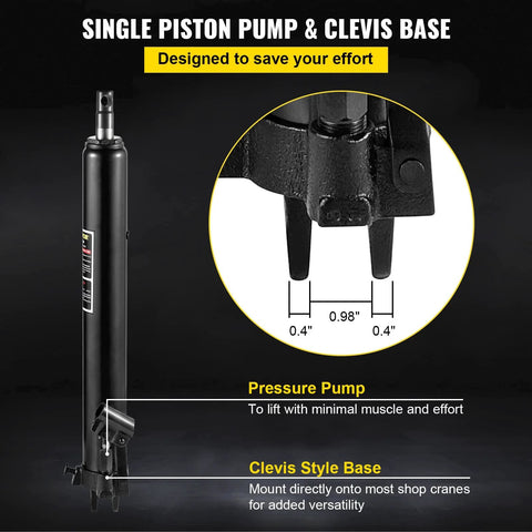 Hydraulic long-ram jack with clevis base, black, VEVOR brand, front view, single-piston pump