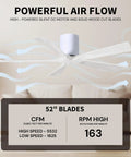 52 Inch Damp Rated Flush Mount Ceiling Fan With Super Quiet DC Motor And Dual Remote Wall Controls showing powerful airflow and solid wood blades.