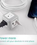 Flat Plug Cube Extension Cord With 10 Ft Reach, 3 Grounded Outlets And 2 USB Ports, power strip connecting devices, gray white
