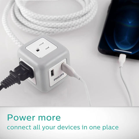 Flat Plug Cube Extension Cord With 10 Ft Reach, 3 Grounded Outlets And 2 USB Ports, power strip connecting devices, gray white