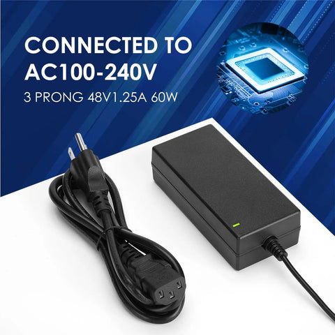 48V 1.25A 60W Power Supply Adapter For PoE Gear, Compatible With ProSafe GS108PE Switches And PoE Injectors, 100V-240V Input, DC 48V 1.25A Output, 5.5mm x 2.5mm Or 5.5mm x 2.1mm Plug, black adapter with cord