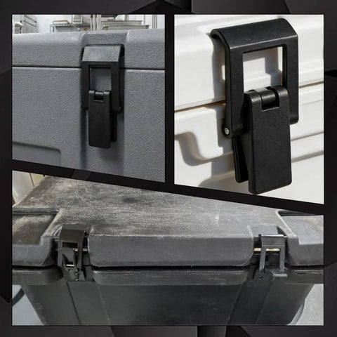 Beefy Black Draw Latches Two Hole Mounts POM Plastic Drawer and Cabinet Hardware on various containers